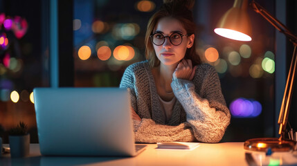 Wall Mural - Young woman is focused on working on her laptop in a modern office