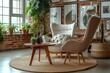 Wing chair near rustic wooden coffee table. Interior design of scandinavian living room with frames.
