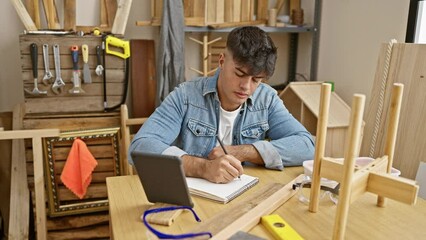 Poster - Hardworking young hispanic man masterfully navigating carpentry business, deftly taking notes on touchpad amid timber and furniture in busy workshop