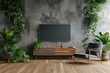 Wall mounted tv and wooden cabinet with gray armchair in modern living room the concrete wall, Bright color, ultra realistic