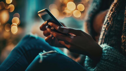 Sticker - Person's hands are seen holding a smartphone, with a focus on the screen and fingers, against a backdrop of warm bokeh lights