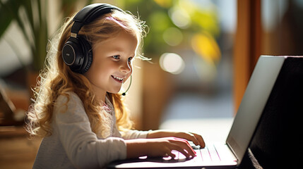 Wall Mural - Cheerful young girl is wearing headphones and using a laptop, presumably engaged in online learning or enjoying multimedia content.