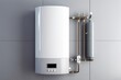 White modern home gas boiler mounted on a grey wall on a kitchen. Water heater. Water heating, ecology.