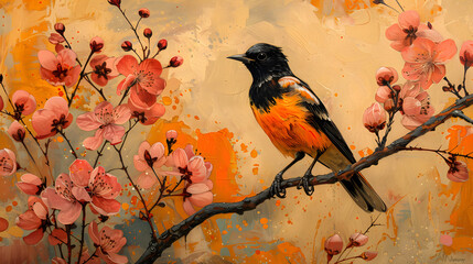 Wall Mural - Artful image showcasing a painted bird perched on a blossoming branch with expressive, textured brushwork