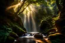 A Hidden Waterfall Tucked Away In A Secluded Valley, Its Ethereal Beauty Enhanced By Rays Of Sunlight Piercing Through The Dense Canopy Above