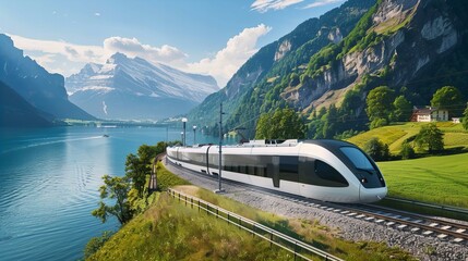 Poster - A modern train powered by renewable energy traveling through a scenic landscape, promoting sustainable travel