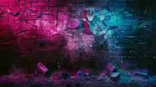 Painting Of Realistic Neon Red And Blue Brick Wall Crumbling Apart. Bricks On The Ground And Dust. Black Background Pink And Blue Colors