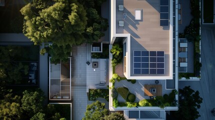 Wall Mural - Modern eco-friendly residential building featuring a roof completely covered with solar panels, complemented by lush green balconies filled with plants, exemplifying sustainable living.