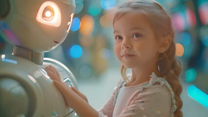 Hands of robot and hand of a little girl touching on with sifi digital AI background