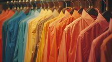 A Line Of Colorful Tshirts Are Displayed On Clothes Hangers At A Retail Store, Showcasing Sportswear And Fashion Design In Clothing