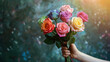 mão segurando um buquê de rosas coloridas, orgulho LGBT,