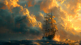 Fototapeta  - A majestic sailing ship battles fierce winds amidst a sea of dramatic, stormy golden clouds at sunset