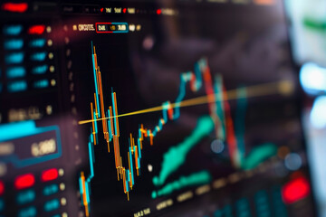 Poster - close-up of a cryptocurrency exchange rate chart. The chart is dynamic and informative, and there are other charts in the background