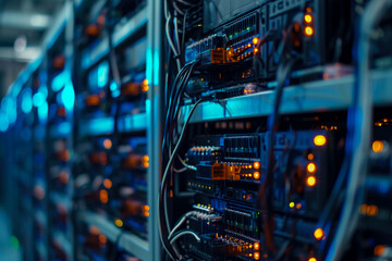Poster - close-up of a cryptocurrency mining farm. The farm is large and efficient, and there are other farms in the background