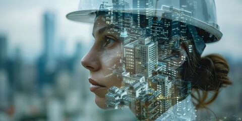 Aufkleber - Blueprint of Ambition: A Female Engineer Overlays Visions of Urban Development, Reflecting the Convergence of Creativity and Construction, Generative AI