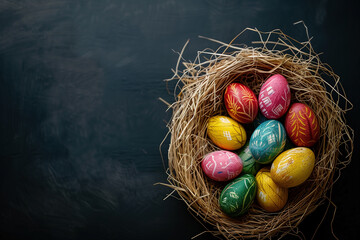 colorful easter eggs in a straw nest on a black background