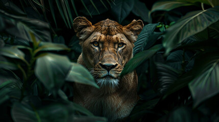 
leoa na selva, cercada por folhas verdes exuberantes, alto contraste, fundo escuro, fotografia hiper-realista no estilo da natureza