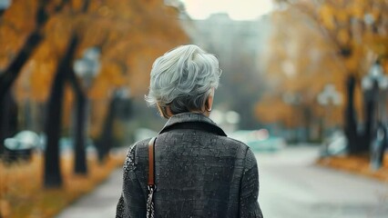 Wall Mural - Rear view of an elderly woman walking in the autumn park.