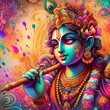 A colorful illustration portraying Lord Krishna during the Holi festival, radiating joy and exuberance amidst vibrant splashes of colors.