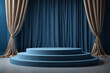 blue stage curtains with spotlight and podium
