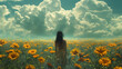 A dreamlike portrayal of a woman standing amidst a vast field of sunflowers under a dramatic sky of billowing clouds