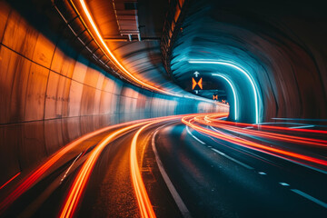 Wall Mural - A highway tunnel, cars speeding through, lights illuminating the curved walls, exit signs guiding the way