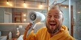 Fototapeta Londyn - Morning Gust of Glee: A Man's Playful Battle with a Hairdryer, Capturing the Joy and Humor of Daily Routines, Generative AI