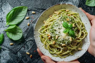 Wall Mural - Savory Pesto Pasta Plate with Garlic and Olive Oil Drizzle in hands