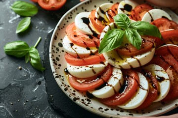 Wall Mural - Gourmet Caprese Salad on Plate with Balsamic Reduction in Hands