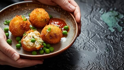 Wall Mural - Arancini: Crispy Risotto Balls with Mozzarella and Peas held in hands