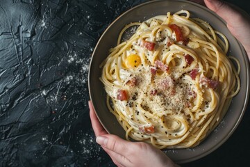 Wall Mural - Handheld Plate of Gourmet Mushroom Risotto in Hands