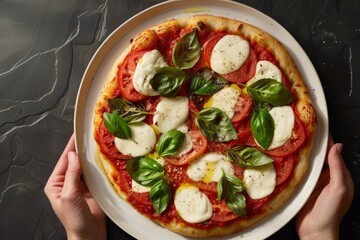 Wall Mural - Handcrafted Margherita Pizza with Tomato and Mozzarella in Hands