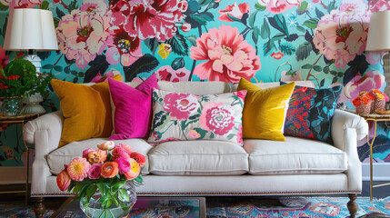 Wall Mural - stylish living room with bold floral patterns and vibrant sofa pillows