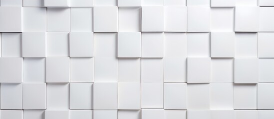 Poster - A close up of a white rectangular tile wall with a pattern of grey squares creating symmetry and parallel lines resembling a brick layout