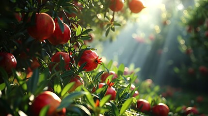 Wall Mural - An Image Showcasing a Pomegranate Tree with Lush Foliage and Juicy Fruits: Nature's Bounty in Vibrant Display