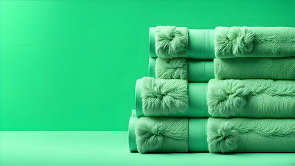 Wall Mural - Blissful Retreat Corner Plush 3D Green Towel Array for Spa and Wellness Relaxation