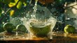 A close-up shot of a young, green coconut being cracked open on a rustic wooden table, with the clear, nutritious coconut water spilling into a glass bowl.