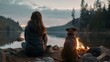 Back view of young woman and dog sitting by campfire on lake shore
