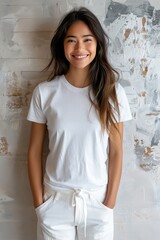 A woman standing casually in front of a plain white wall.