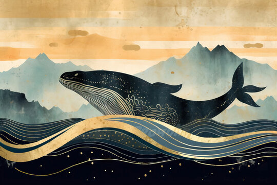 ink gold hand drawn wall decor style colors whale mountains watercolor blue art wallpaper style background creative modern banner design print luxury line textile