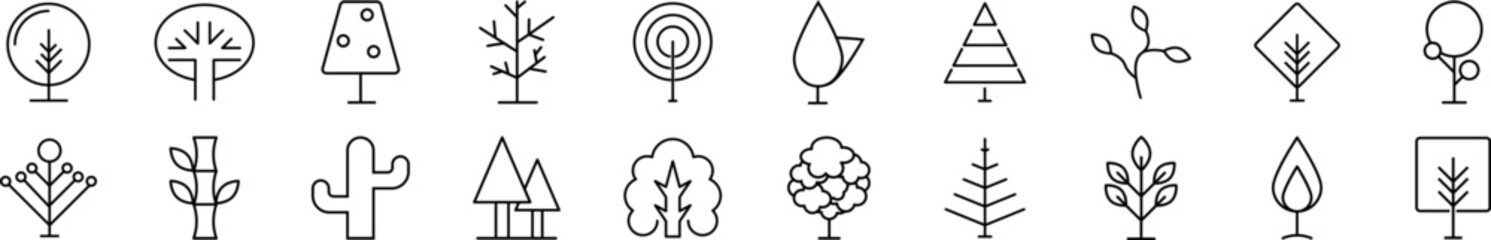 Bundle of linear symbols of deciduous, coniferous and tropical trees. Editable stroke. Linear symbol for web sites, newspapers, articles book