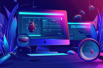 Poster - A computer monitor is seen sitting on top of a desk, next to a magnifying glass, Software debugging illustration with bugs and magnifying glasses, AI Generated
