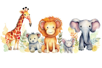 Wall Mural - children tropical watercolor tropical white s children background textiles lion animals holidays elephant animals set giraffe s cute set postcards