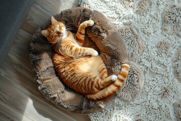 Wall Mural - Top view of cute red cat lying on soft dog bed in home interior