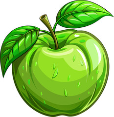 Wall Mural - Illustration of a green apple with leaves on a white background.