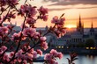Scenic view of dawn in prague. sun rising over almond hill with beautiful pink blossom trees