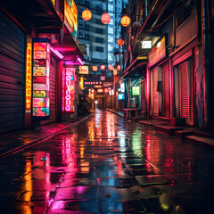 Sticker - Retro-style neon signs in a rainy urban alley.