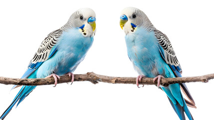 Bundle of two blue parakeets isolated on white background as transparent PNG, 
