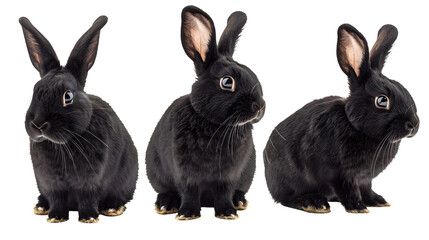 Wall Mural - Collection of three black rabbits (portrait, sitting, side view), animal bundle isolated on a white background as transparent PNG