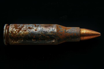 A rusty bullet is sitting on a black background